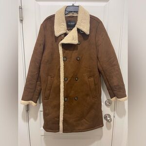 GUESS Men's Brown Pea Coat with Cream Shearling
